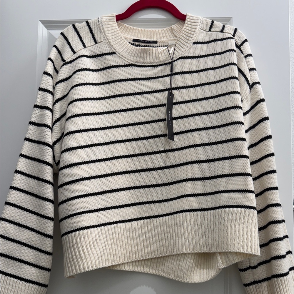 T Tahari Black and Cream Striped Sweater